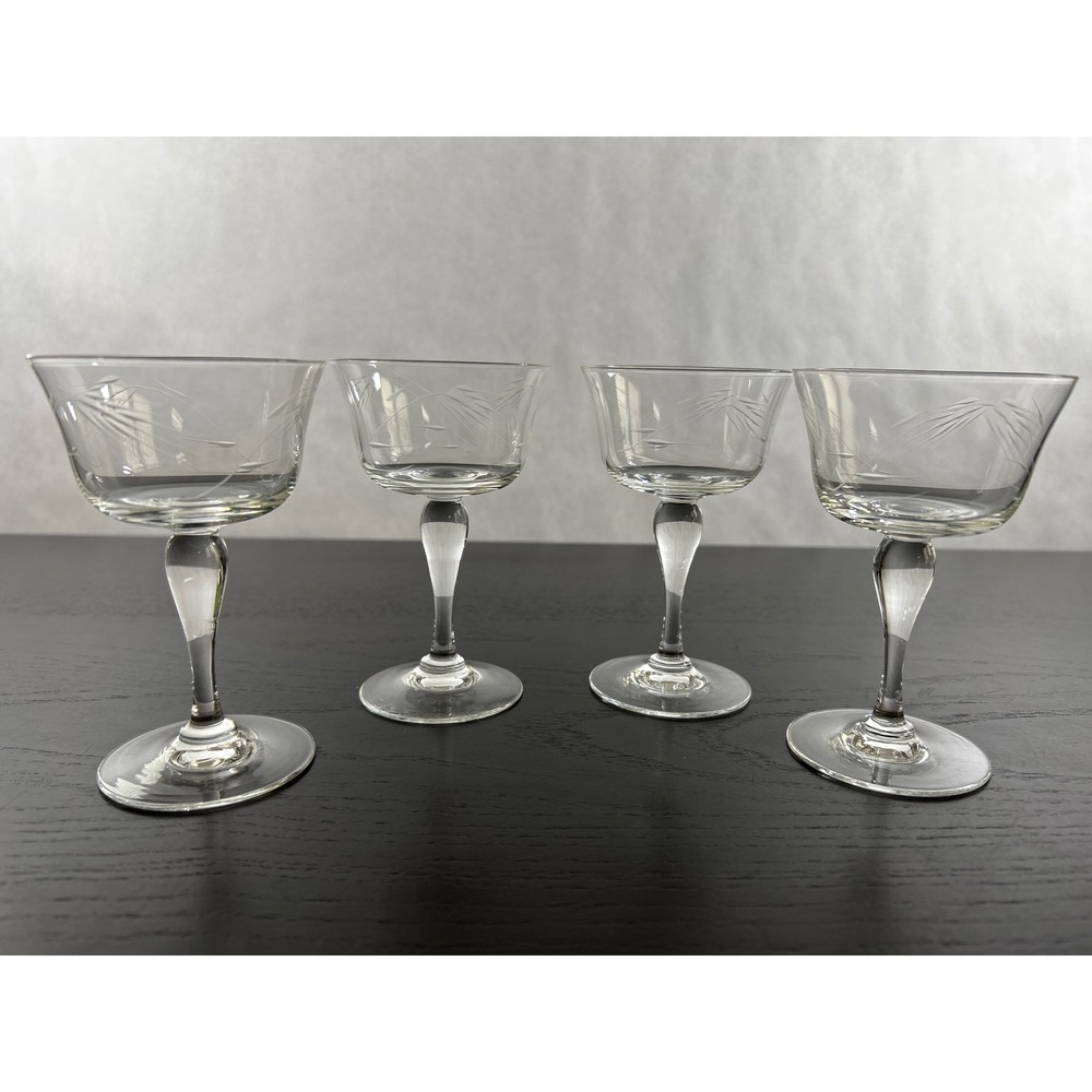 Vintage Etched Crystal Cordial Glasses Set of 4 Wheat Pattern Stemware Clear